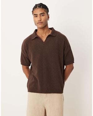 ASOS Oversized Textured Knitted Notch Neck Polo - Brown