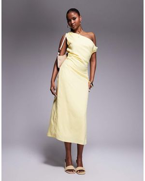 Kaiia Vestido Midi Amarillo Pastel Con Escote Bardot Y Detalle Retorcido De Tejido Efecto Lino Exclusivo De - Blanco
