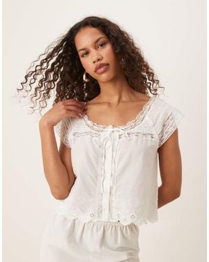 Mango Cotton Tie Front Lace Detail Blouse - White