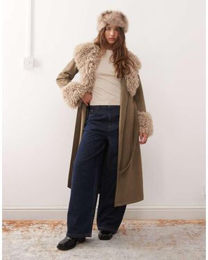 Reclaimed Vintage Longline Suede Look Trench Coat With Faux Fur Collar And Cuffs - Brown