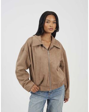 Brave Soul Faux Suede Bomber Jacket - Natural