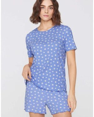 Tezenis Short Ribbed Pyjamas With Daisies - Blue