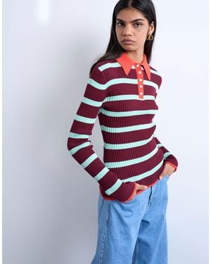 TOPSHOP Knitted Striped Collar Polo - Blue