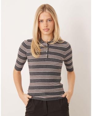 Mango Short Sleeve Knitted Polo Top - Gray