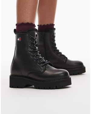 Tommy Hilfiger Urban Lace Up Hiker Boots With Fur Lining - Black