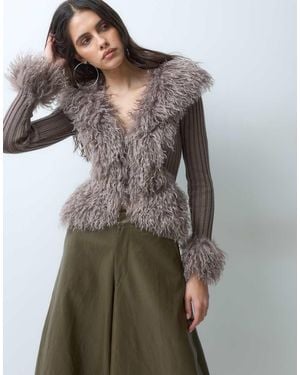 I.AM.GIA Cressida Compact Knit shaggy Faux Fur Trim Zip Through Cardigan - Grey