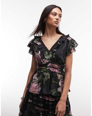 AllSaints Canto Frilly Lace Ruched Floral Top - Black