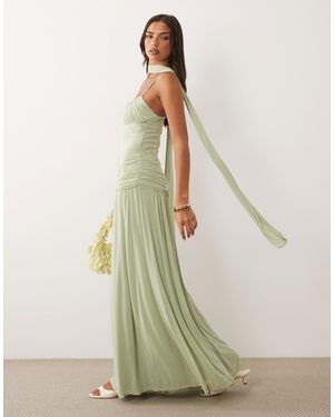 ASOS Mesh Ruched Bust Maxi Dress With Scarf Detail - Green