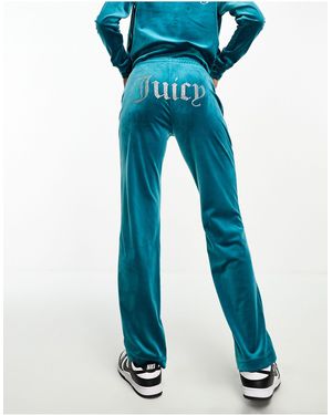 Juicy Couture Velour Tracksuit Bottoms With Diamante Logo - Blue
