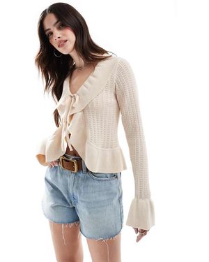 New Look Cardigan Color Panna Con Volant - Bianco