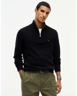 Tommy Hilfiger Pullover aus reiner lammwolle mit viertelreißverschluss - Schwarz