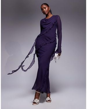 DASKA Chiffon Maxi Dress With Frill Details - Blue