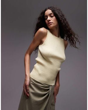 Mango Top Amarillo Tenue Sin Mangas De Canalé Fino De Mezcla De Lino De
