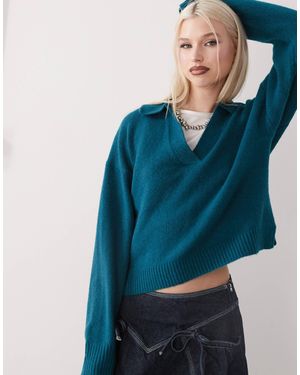 Monki Long Sleeve Collar Polo Knitted Sweater - Blue