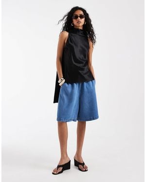 Object – lang geschnittene, drapierte chambray-jeansshorts - Blau