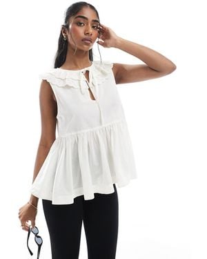 ASOS Sleeveless Smock Top With Broderie Collar And Tie Neck - White