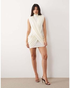 Ruched & Ready Sculpting High Neck Padded Shoulder Detail Extreme Drape Front Mini Dress - Natural