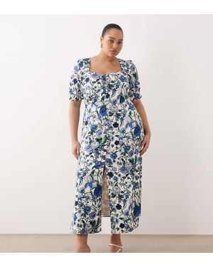 Hope & Ivy Plus Button Detail Split Front Midi Dress - Blue