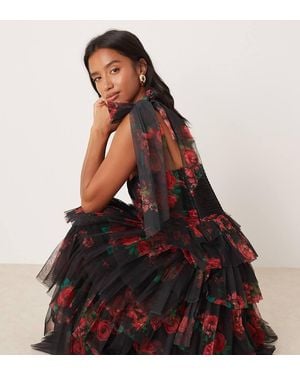 LACE & BEADS Tulle Bow Shoulder Maxi Dress - Black