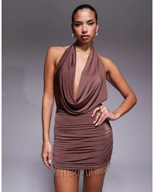 Edikted Bead Fringe Backless Halter Mini Dress - Brown