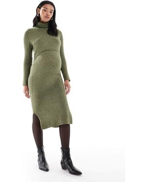 Mama.licious Mamalicious Maternity Soft Knitted Rib Midi Dress With Nursing Function - Green