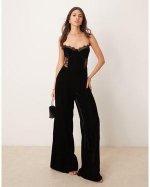 ASOS Velvet Cami Jumpsuit With Lace Insert - Natural
