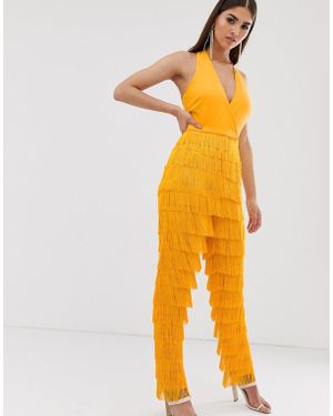 Lavish Alice Halter Neck Plunge Front Fringe Jumpsuit - Yellow