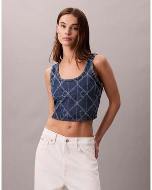 Calvin Klein Laser Cut Repeat Logo Denim Bralette Top - Blue