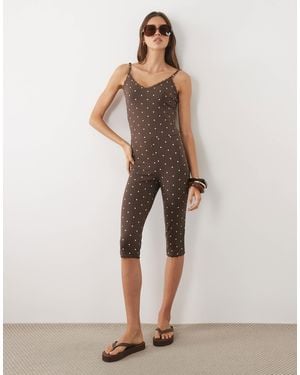 Miss Selfridge Rib Playsuit With Lace Trim - Natural