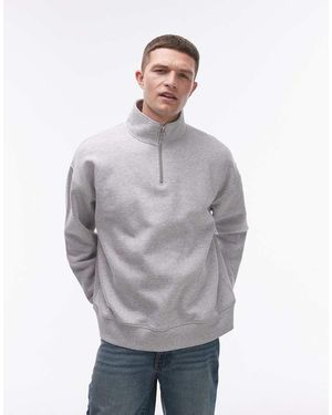 TOPMAN Felpa Premium Pesante Oversize Mélange Con Zip Corta - Grigio