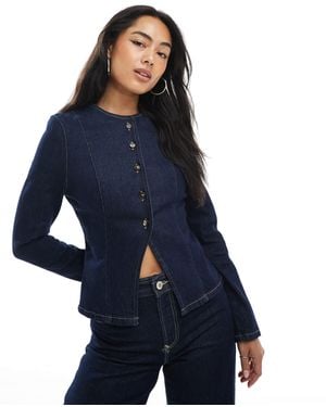 ASOS Collarless Denim Jacket With Shoulder Pads And Cinched Waist - Blue
