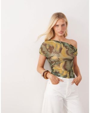 ASOS Sheer Mesh Ruched Off Shoulder Asymmetric Top - Natural