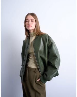 TOPSHOP Faux Leather Vintage Wash Oversized Collarless Bomber Jacket - Green