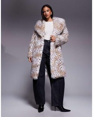 River Island Leopard Faux Fur Long Line Coat - Grey