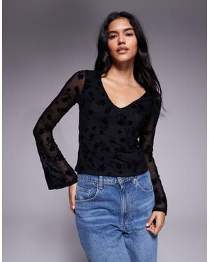 ASOS Sheer Flock Floral Mesh Top With Flared Sleeve - Black