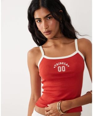 Brave Soul Graphic Print Cropped Tank Top With Contrast Piping - Red
