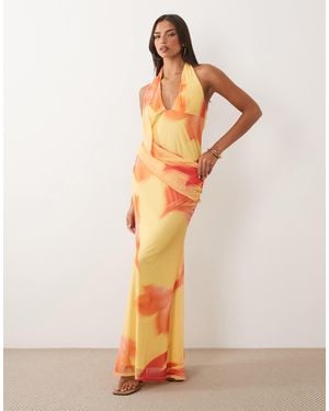 ASOS Printed Mesh Halter Maxi Dress With Draped Sash Detail - Multicolour