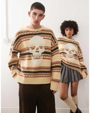 The Ragged Priest Unisex Fair Isle Knitted Stripe Jumper With Skull - Natural