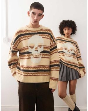 The Ragged Priest Unisex Fair Isle Knitted Stripe Jumper With Skull - Natural