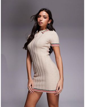 The Frolic Exclusive Ribbed Knit Button Through Collared Contrast Trim Cap Sleeve Mini Dress - Gray