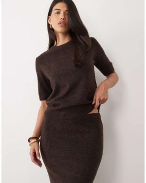 Pretty Lavish Top Coordinato A Maniche Corte Lavorato A Maglia Color Cioccolato - Marrone
