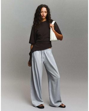 Bershka Tall Linen Blend Trousers With An Elasticated Waistband - Grey