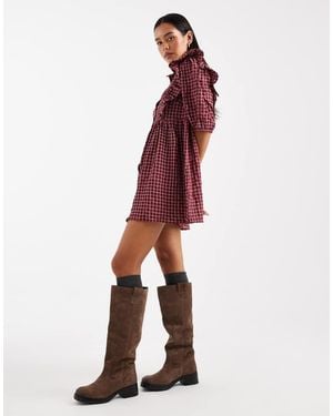 Wednesday's Girl Check Ruffle Detail Mini Smock Dress - Red
