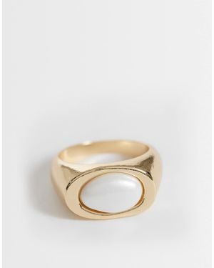 ASOS Asos Design Curve Squared Ring With Faux-pearl - Natural