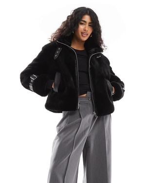 Bershka Buckle Detail Faux Fur Jacket - Black