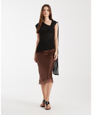 New Look Mid Length Lace Trim Satin Skirt - Natural