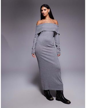 Kaiia Vestido Largo Holgado Con Escote Bardot Plegado De Punto Exclusivo De - Gris