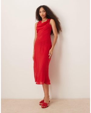 Mango Vestido Midi Con Cuello Desbocado De Satén De - Rojo