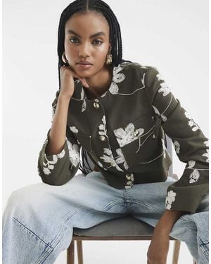 River Island Embroidered Collarless Jacket - Grey