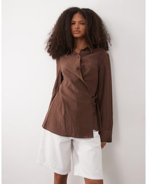 Mango Linen Mix Long Sleeve Shirt With Side Tie - Brown